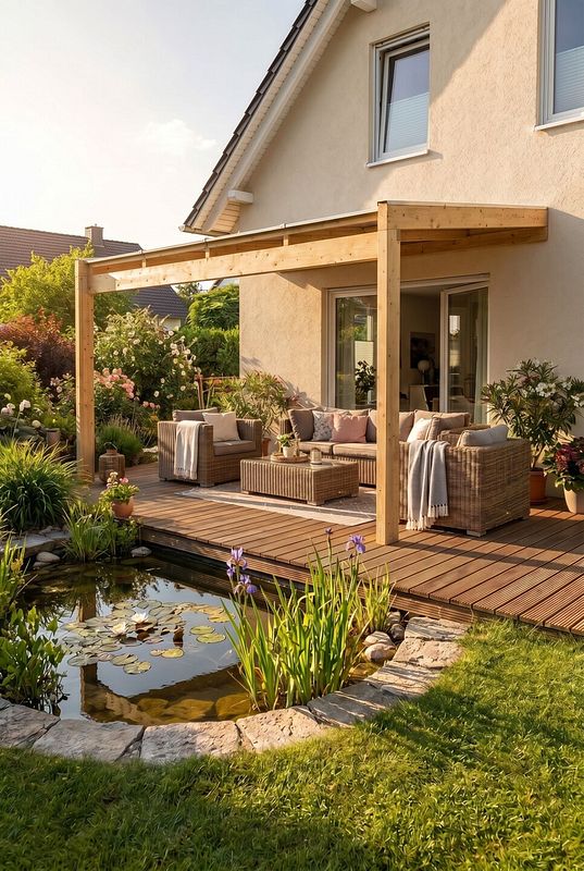 Holzdielen und Holz-Terrassenüberdachung umrahmen die gemütliche Lounge