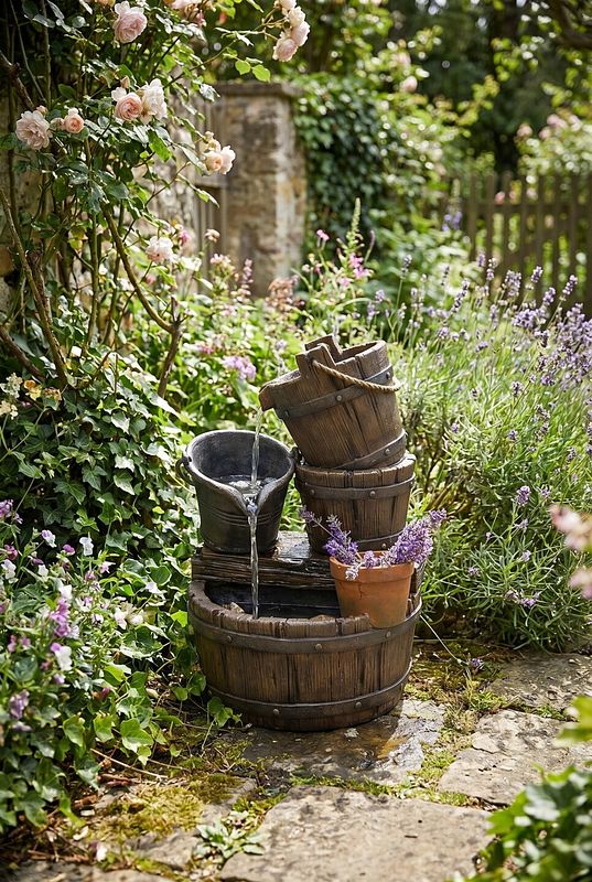 Fassbrunnen leitet Wasser über Eimer und Fässer durch den Blumengarten