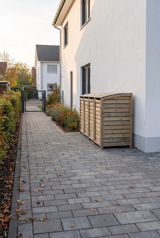 Eine Mülltonnenbox aus hellem Holz verdeckt mehrere Tonnen neben dem Haus.