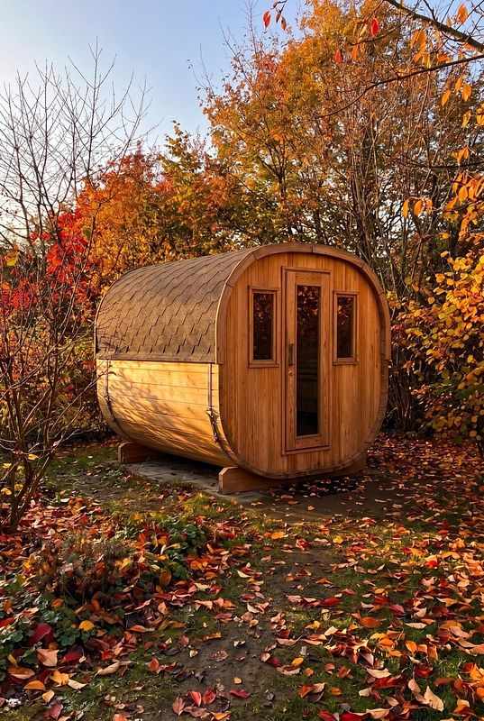 AnthrazitfarbWarm getönte Fasssauna aus Thermoholz setzt natürliche Akzente im Gartenenes Metallregal gliedert Brennholz in geometrische Fächer