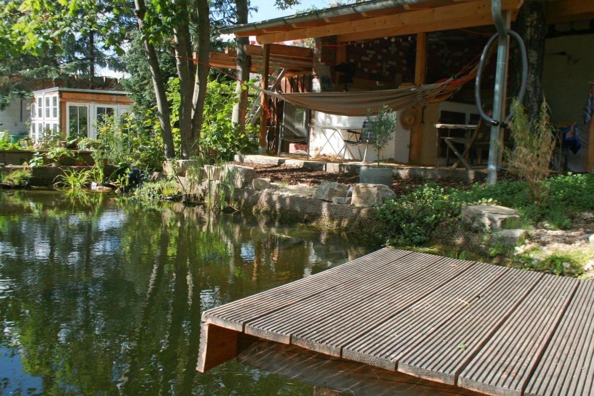Schwimmteich mit Holzsteg, Bar und Hängematte Schwimmteich mit Holzsteg, Bar und Hängematte
