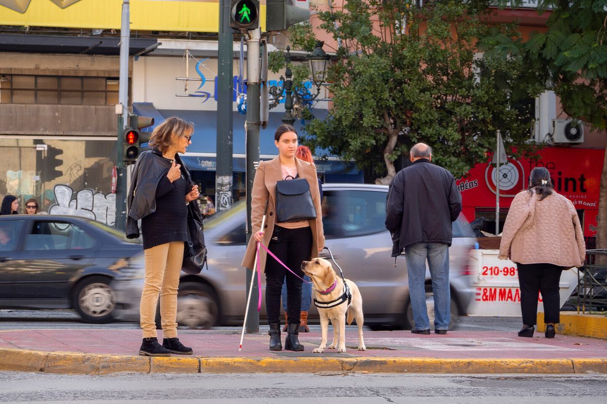 Eine Frau steht mit ihrem Blindenhund an einer Ampel, der Hund schaut eine Passantin an, die sich an die beiden wendet