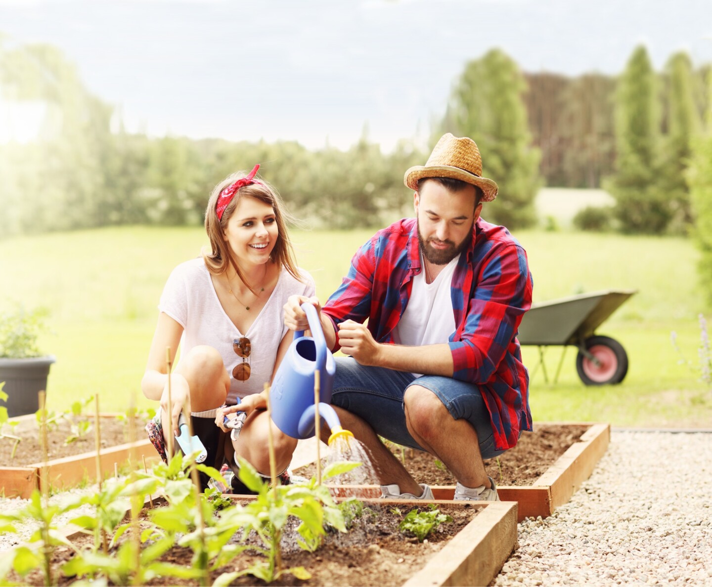 Junges Paar im eigenen Schrebergarten