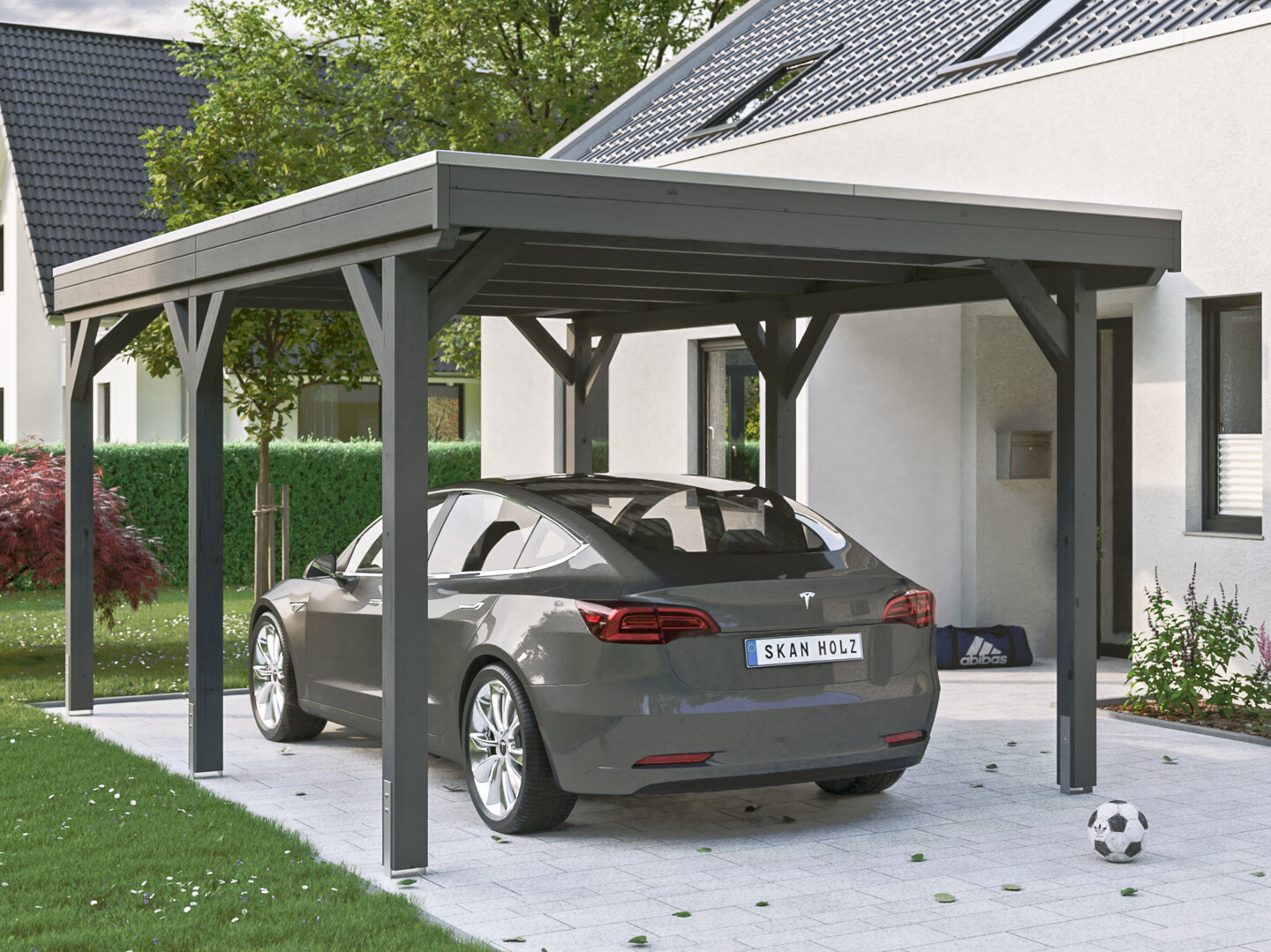 Skan Holz Grunewald - Flachdach Carport aus Leimholz