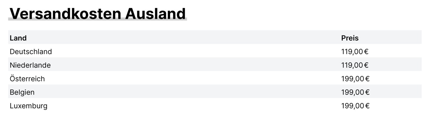 Beospiel für Versandkosten Versandkosten Ausland Tabelle
