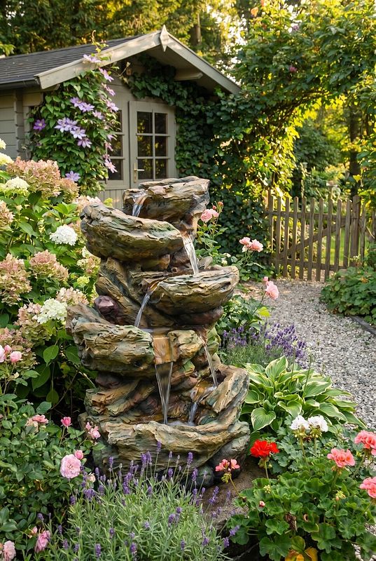 Ein Kaskadenbrunnen führt Wasser über mehrere felsige Becken