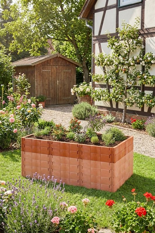 Terrakottafarbenes Hochbeet mit Kräutern vor Fachwerkhaus