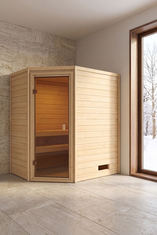 Innensauna aus vorgefertigten Holzelementen mit gläsernem Eckeinstieg