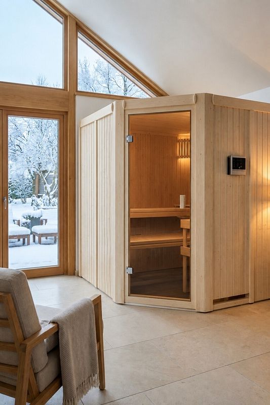 Innensauna aus Holz in einem wohnlich ausgebauten Gartenhaus