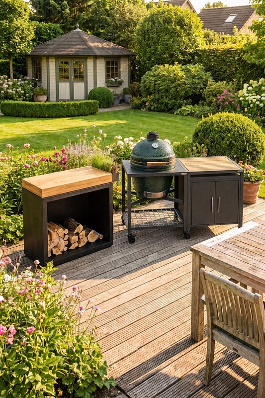 Holzlager mit Schneidebrett als Ergänzung zum Grillplatz 