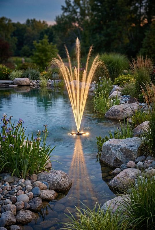 Beleuchtete Fontäne sprüht hohe Wasserstrahlen in den Gartenteich