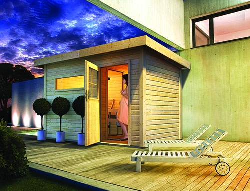 Dank Vorraum viel Platz: die Karibu Skrollan 2 Gartensauna