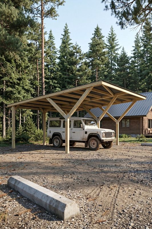 Weißer Geländewagen unter offenem Carport im Wald