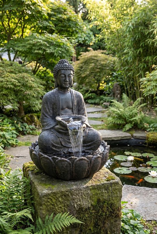 Buddha-Figur lässt Wasser aus einer Schale ins Lotusbecken fließen