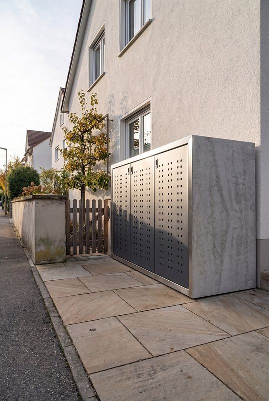 Vor einem weißen Wohnhaus setzt eine graue Mülltonnenbox mit Lochmuster einen modernen Akzent.