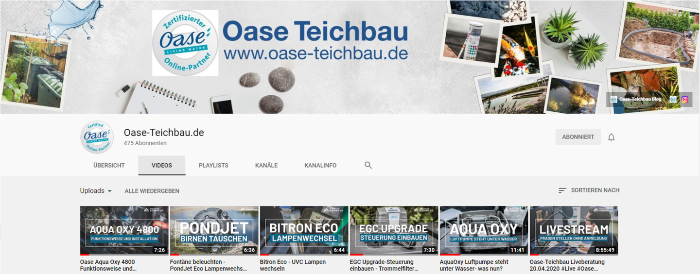 Youtubekanal von Oase Teichbau.de mit vielen informativen Videos rund um das anlegen und pflegen Ihres Gartenteichs mit Produkten von Oase