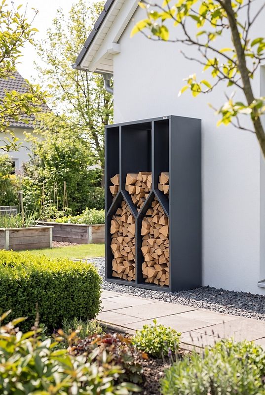 Anthrazitfarbenes Metallregal gliedert Brennholz in geometrische Fächer