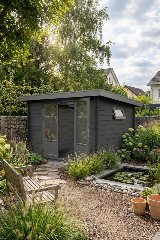 Anthrazitfarbenes Gartenhaus mit Flachdach in bepflanztem Garten