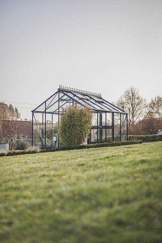 Das fertige Gewächshaus ist ein Blickfang im Garten