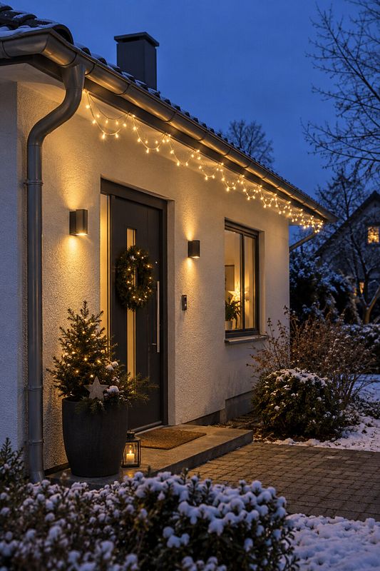 Mehrere aufeinander abgestimmte Lichterketten beleuchten Haus und Garten
