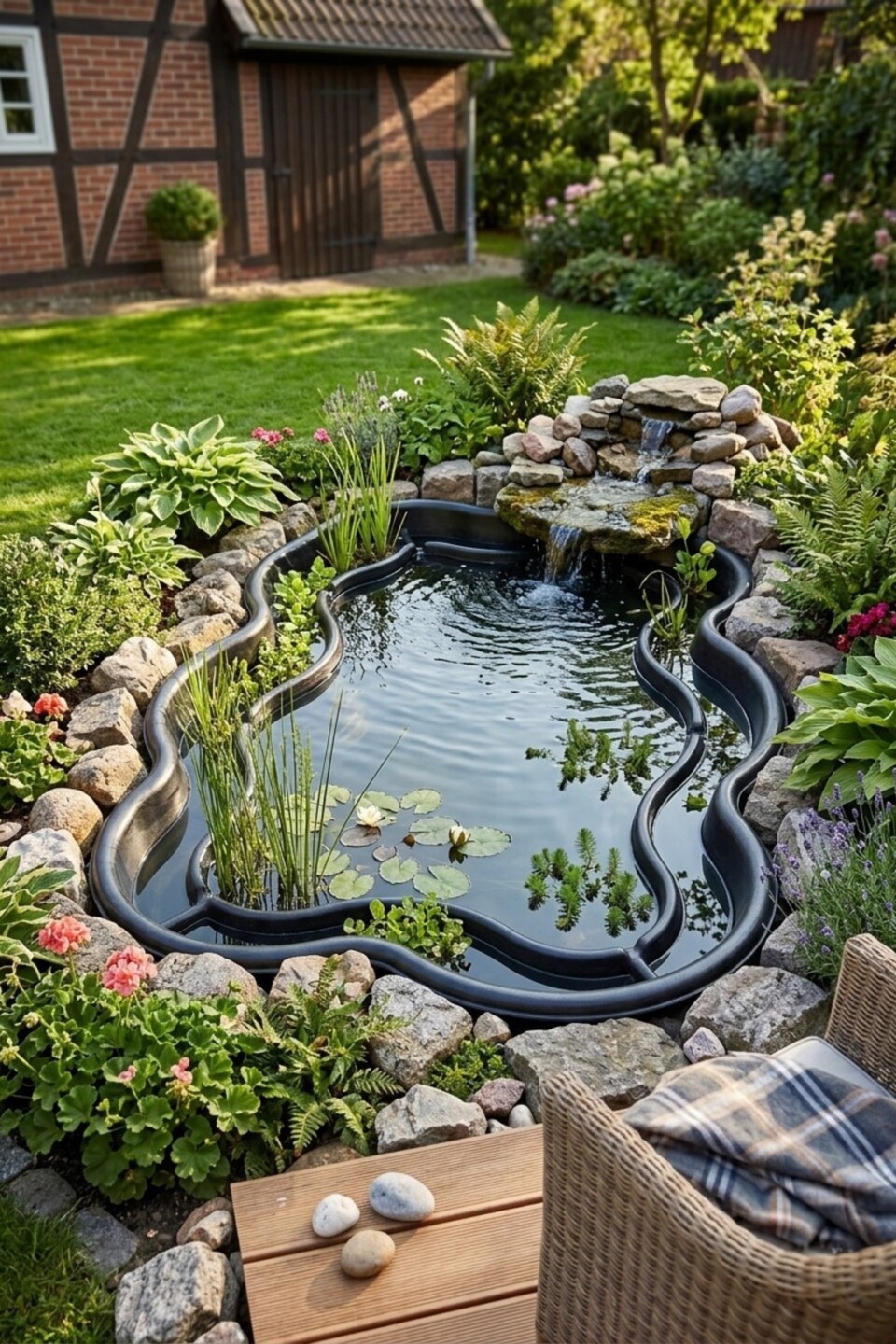 Naturnaher Gartenteich mit Steinen und flacher Bepflanzung