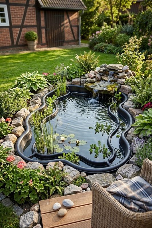 Naturnaher Gartenteich mit Steinen und flacher Bepflanzung