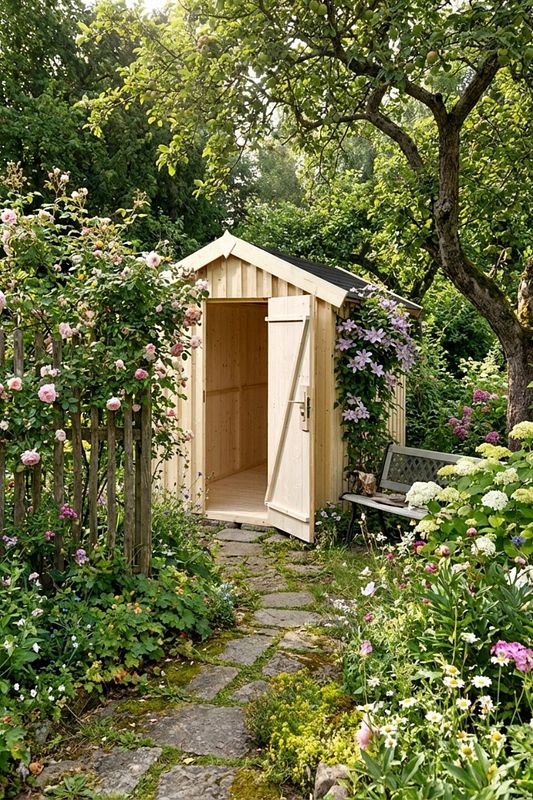 Kleines helles skandinavisches Gartenhaus im Bauerngarten