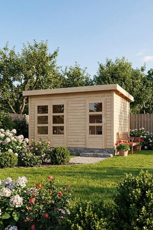 Helles Holzgartenhaus mit Pultdach und Doppeltür im Sommergarten