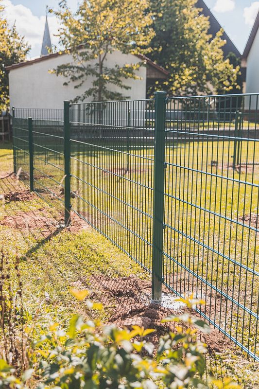 Grüner Gittermattenzaun auf einer sonnigen Rasenfläche