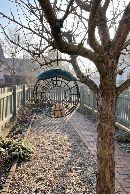 Grüner Metallring hält einen Meisenknödel im Obstbaum