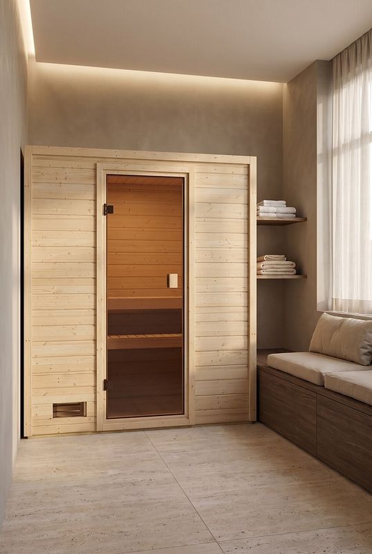 Kompakte Innensauna aus Holz mit zwei Liegeplätzen
