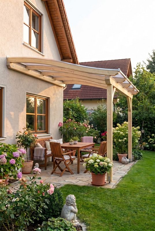 Geschwungenes Dach als Blickfang der Holz-Terrassenüberdachung