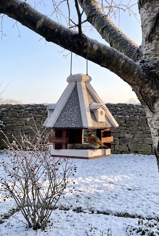 Ein Rotkehlchen besucht das weiß verzierte Vogelhaus im Lebkuchenhaus-Stil