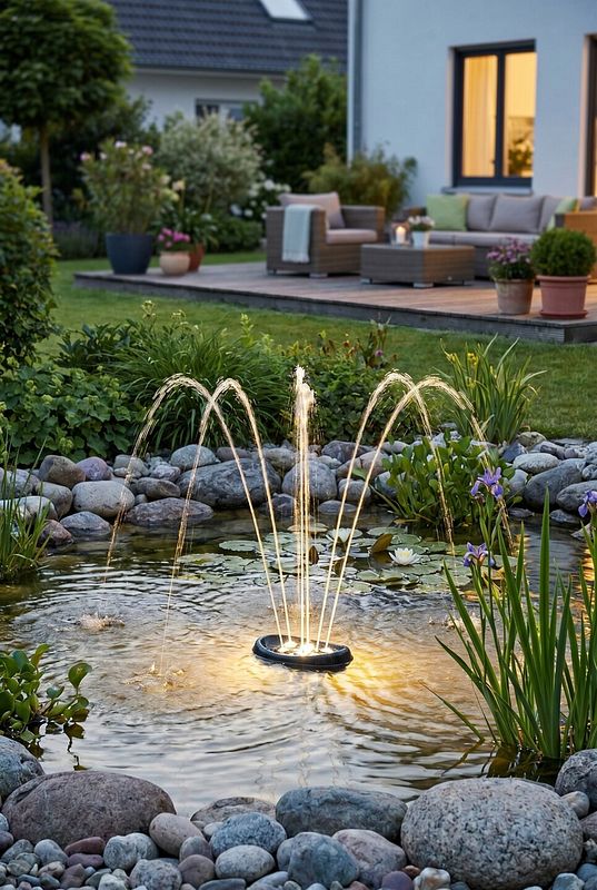 Beleuchtete Teichfontäne spannt Wasserbögen über den Gartenteich