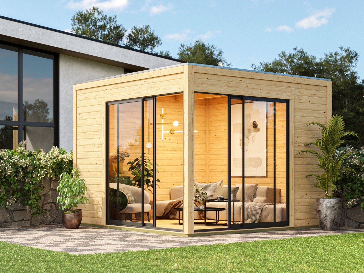 Karibu Design Gartenhaus Dice 3 mit 2 Aluminium Schiebetüren - 38 mm