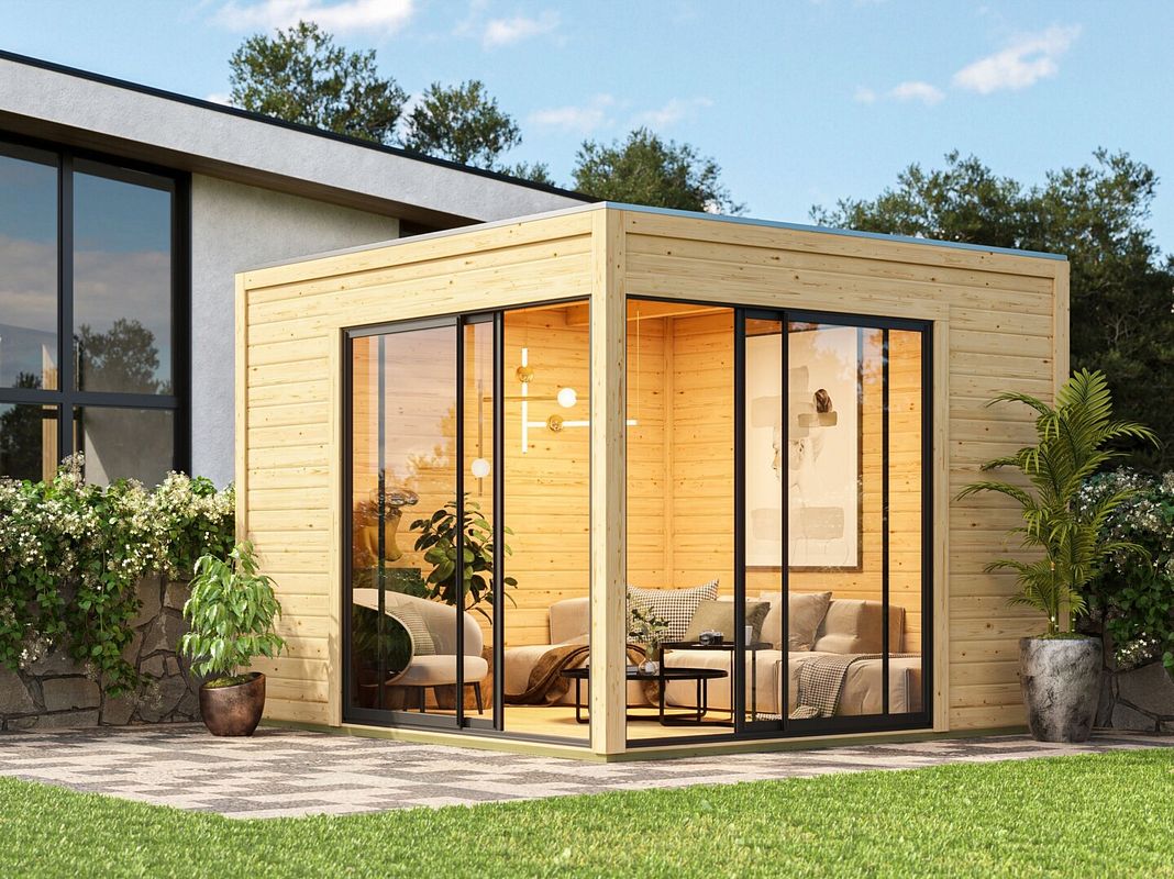 Karibu Design Gartenhaus Dice 3 mit 2 Aluminium Schiebetüren - 38 mm