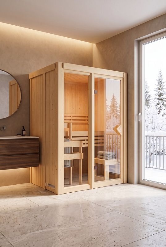 Innensauna mit verglaster Front vor einem großen Fenster mit Blick ins Freie