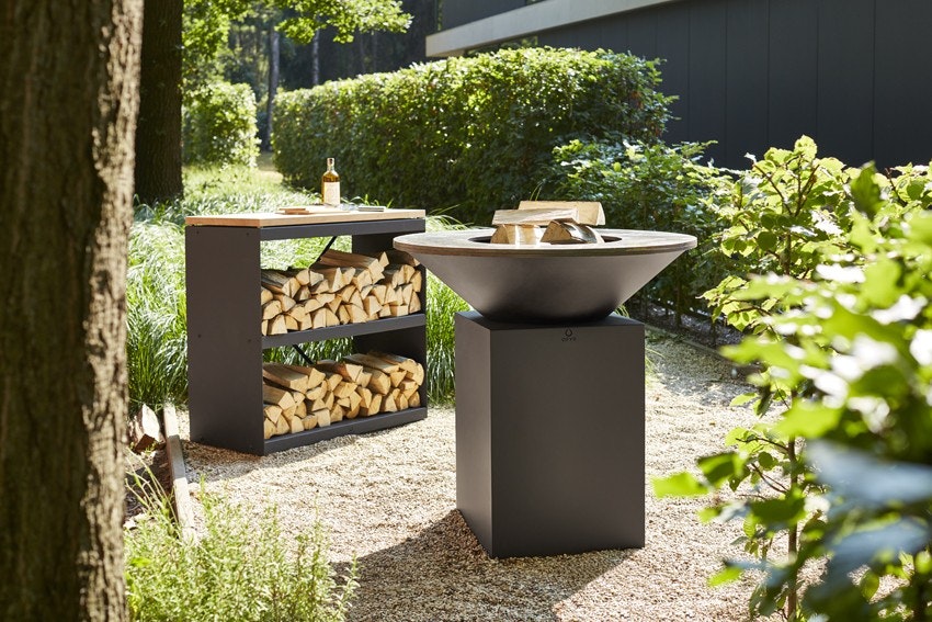 Ofyr Classic Black Wood Storage Black Dressoir Schwarze Feuerplatte und Holzregal mit Arbeitsplatte
