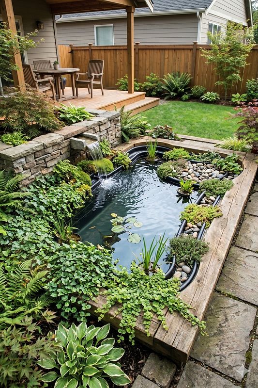 Teichschale in Holzterrasse integriert als moderne Gartenidee