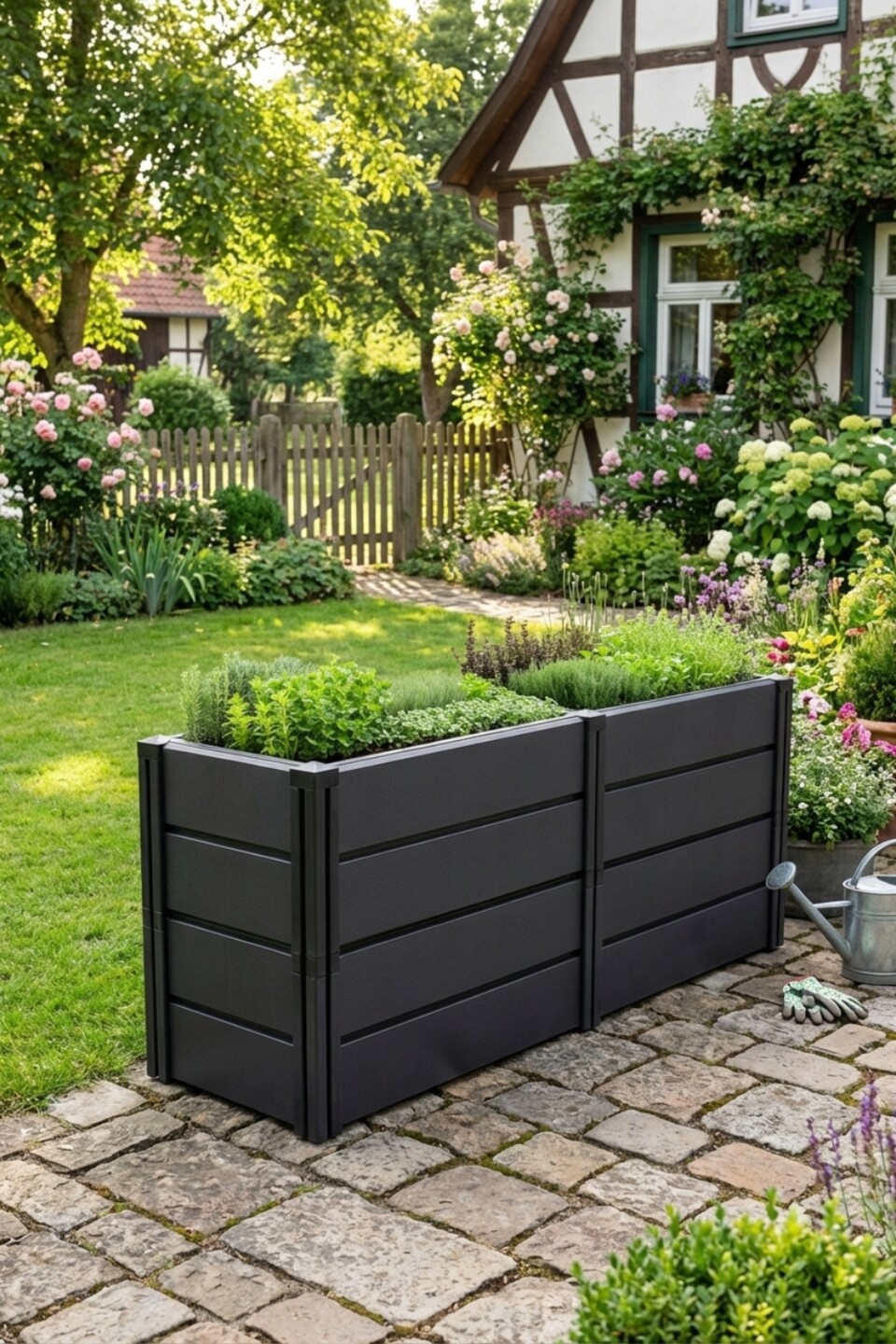 Schwarzes Hochbeet aus recyceltem Kunststoff mit Kräutern im Bauerngarten