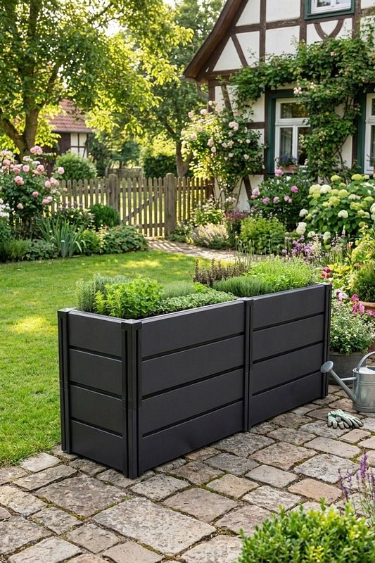 Schwarzes Hochbeet aus recyceltem Kunststoff mit Kräutern im Bauerngarten