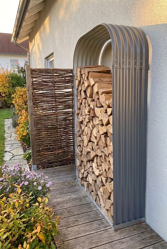 Gewölbtes Zink-Alu-Holzdepot schützt Brennholz an der Hauswand