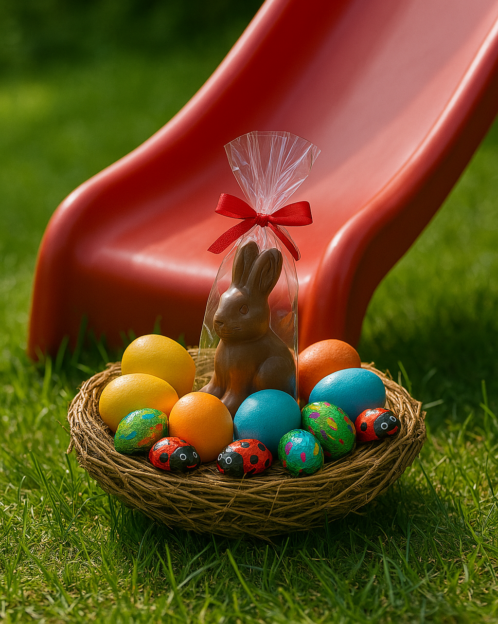 Ein schönes Osternest am Fuß der roten Rutsche
