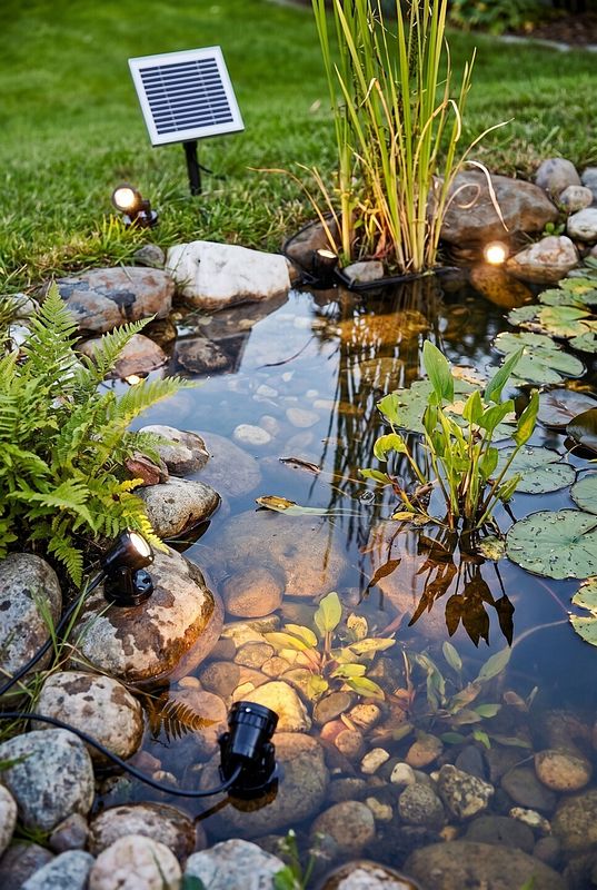 Wasserdichte LED Spots am Rand eines kleinen Teichs