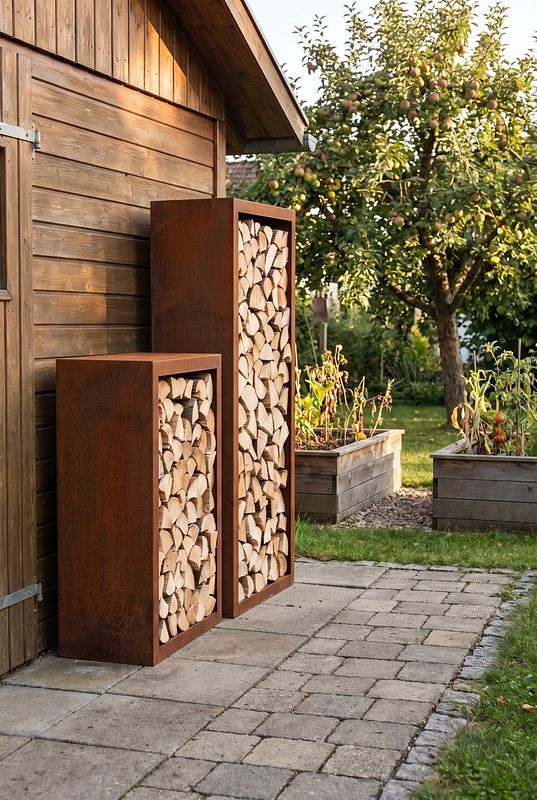 Zwei Edelrost-Holzregale fassen Brennholz am Gartenhaus