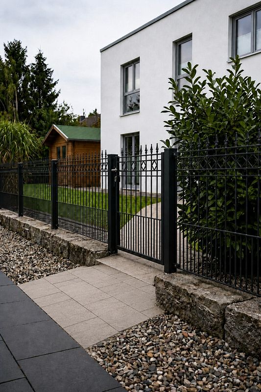 Schwarzer Metallzaun mit Tor vor einem weißen Wohnhaus