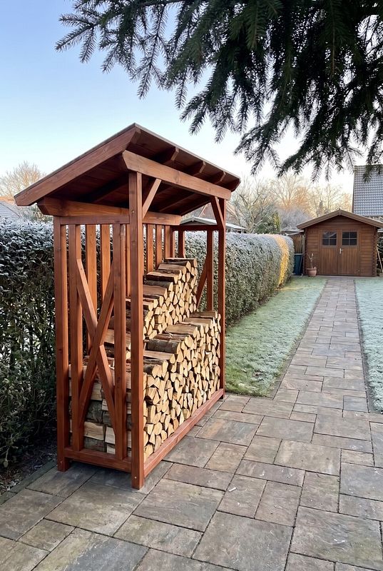 Douglasien-Unterstand schützt Brennholz im winterlichen Garten