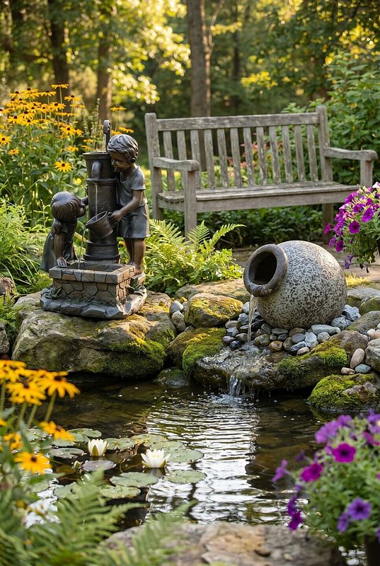 Kinderbrunnen und Amphore speien Wasser in den Gartenteich