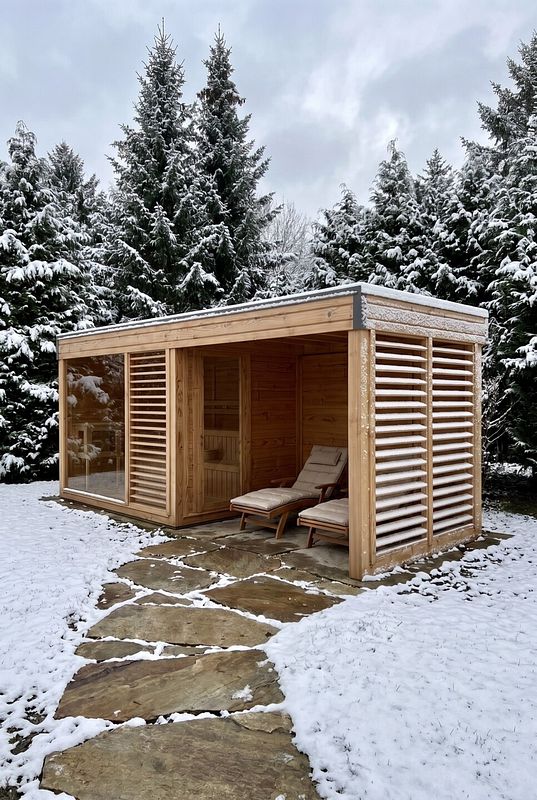 Holz-Gartensauna schützt zwei Ruheliegen unter ihrer überdachten Terrasse
