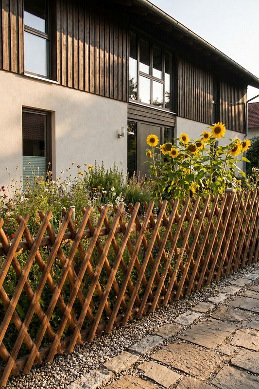 Klassischer Jägerzaun vor Sonnenblumen und einem Haus